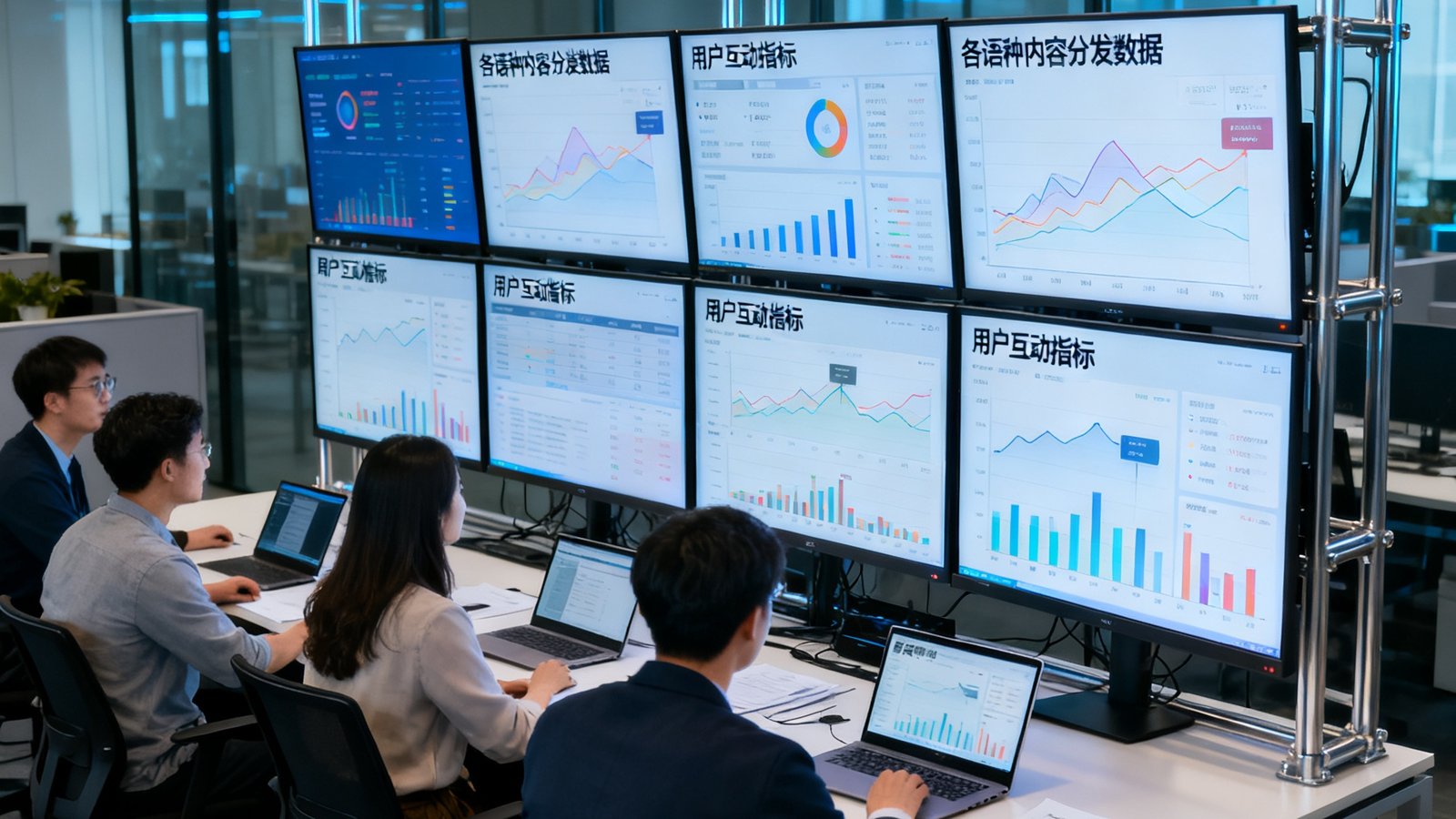 BJL平台集团数字媒体运营中心，开放式办公区配备了12块大型显示器，实时滚动展示各语种内容的分发数据和用户互动指标，团队成员正在分析当日的内容表现。